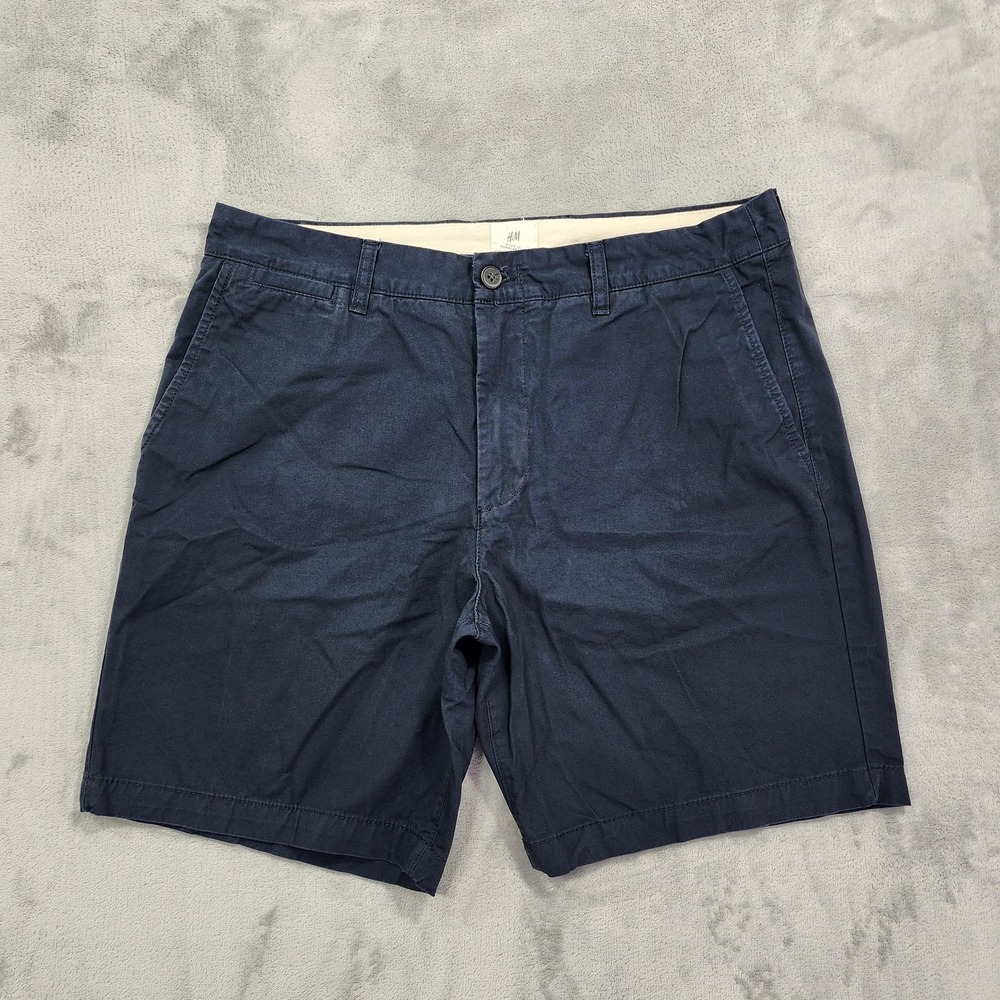 H&M Shorts Mens 34 Blue Chino Canvas Flat Front 8 Inseam Casual Summer Preppy